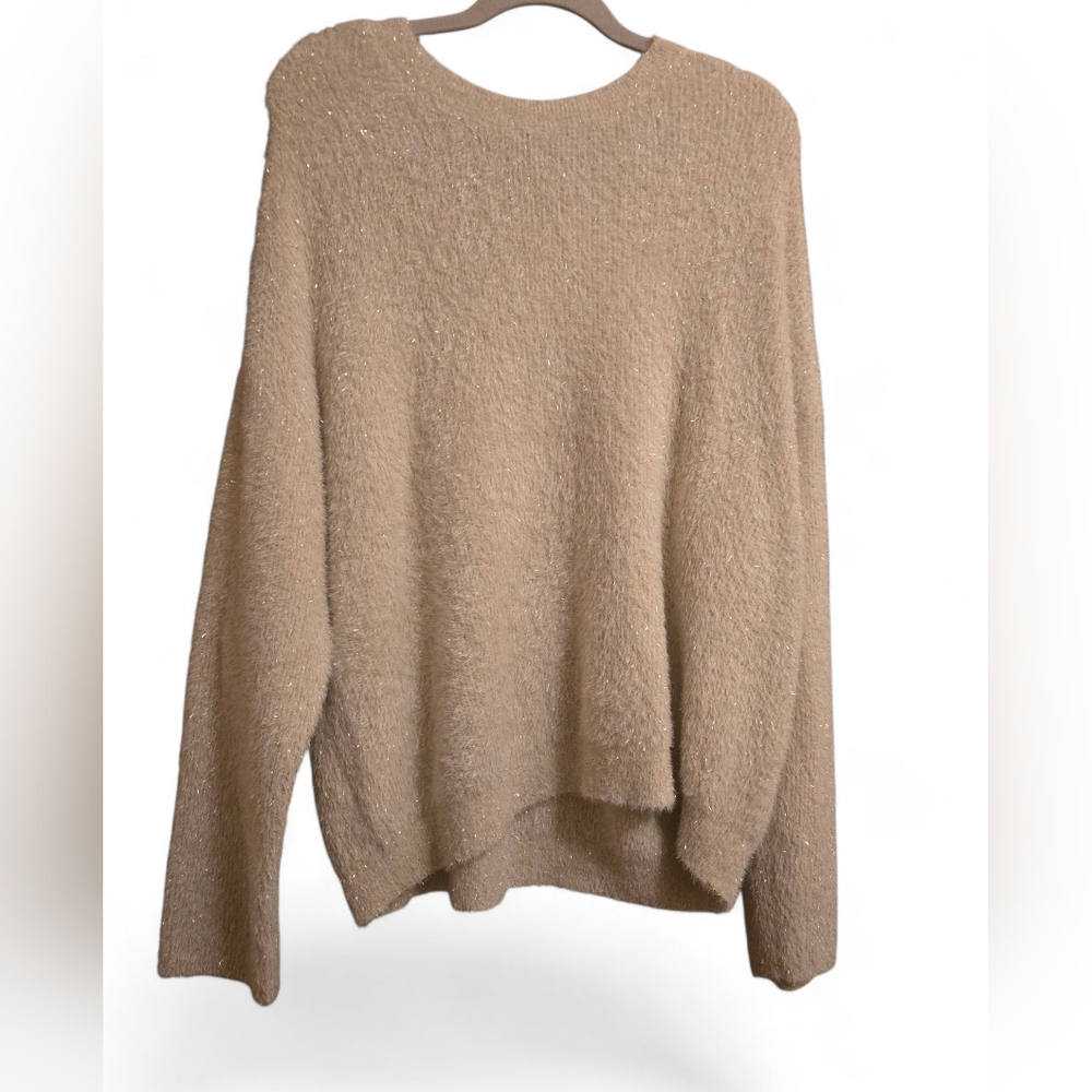 LOFT Cream Warm Fuzzy Shimmer Sweater | Metallic Eyelash Knit Pullover